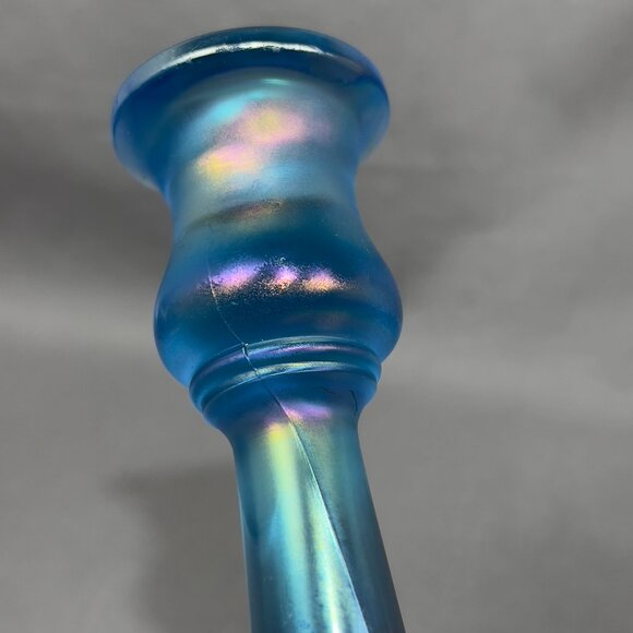 Vtg Central Glass Works Iridescent Blue Stretch Trumpet Candlestick Holders Glow - Picture 12 of 16